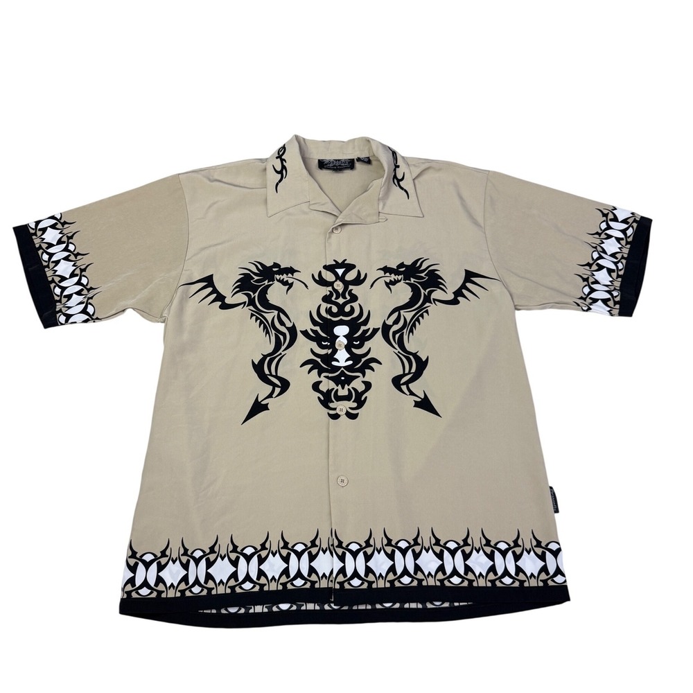 Dragonfly Clothing Company Mens XL Tan Tribal Dragon Mask Button Down Shirt‎ Y2K
